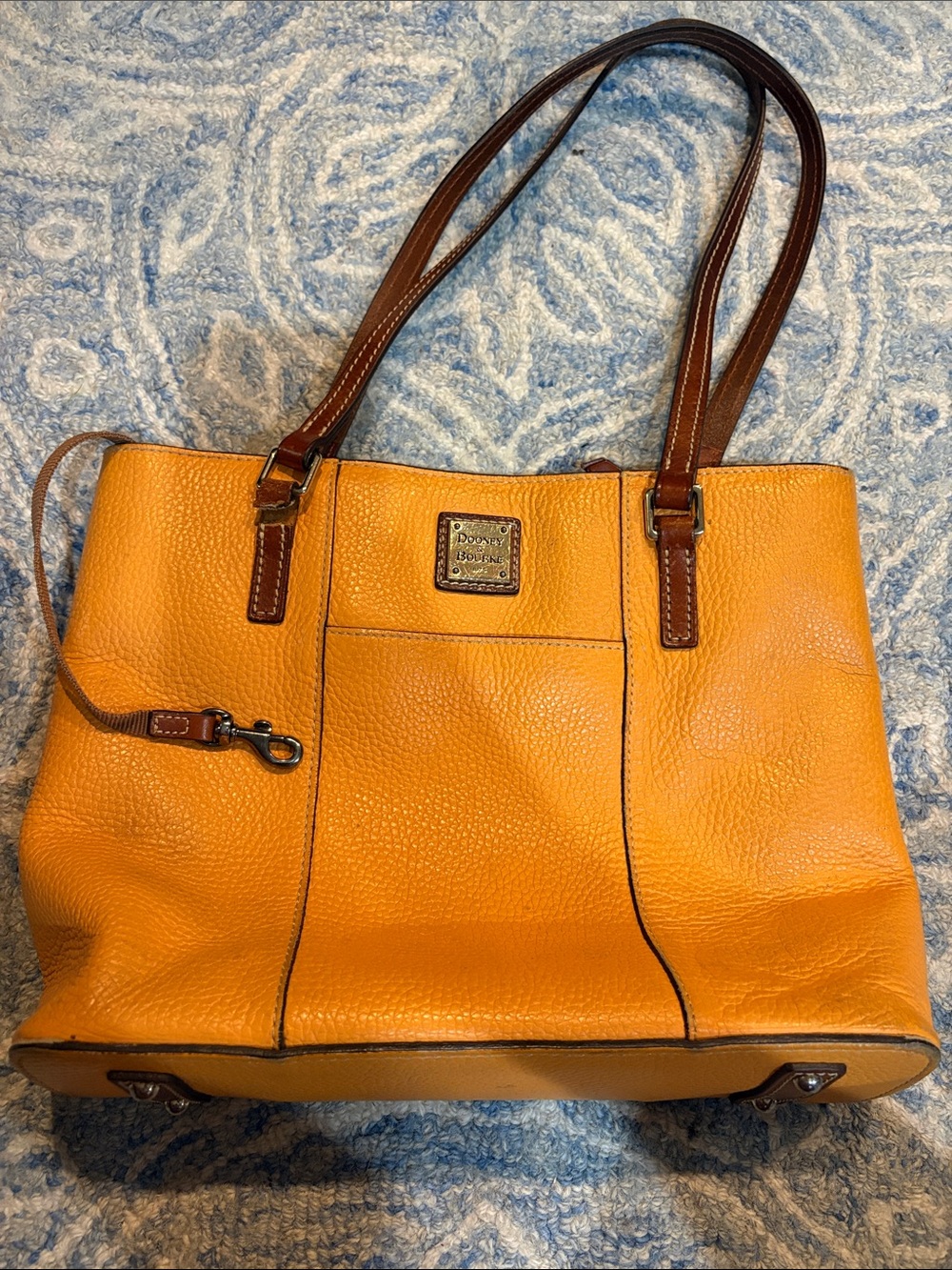 Dooney & Bourke Orange Pebbled Leather Tote with Brown Straps
